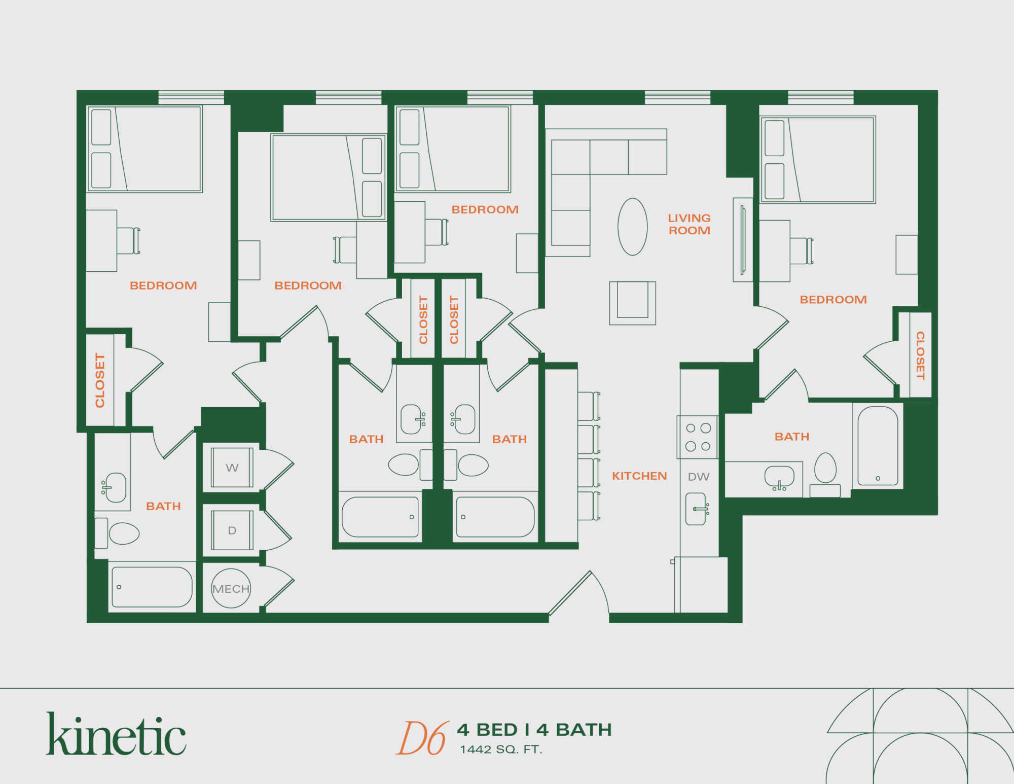A 3D image of the 4BR/4BA – D6 floorplan, a 1442 squarefoot, 4 bed / 4 bath unit