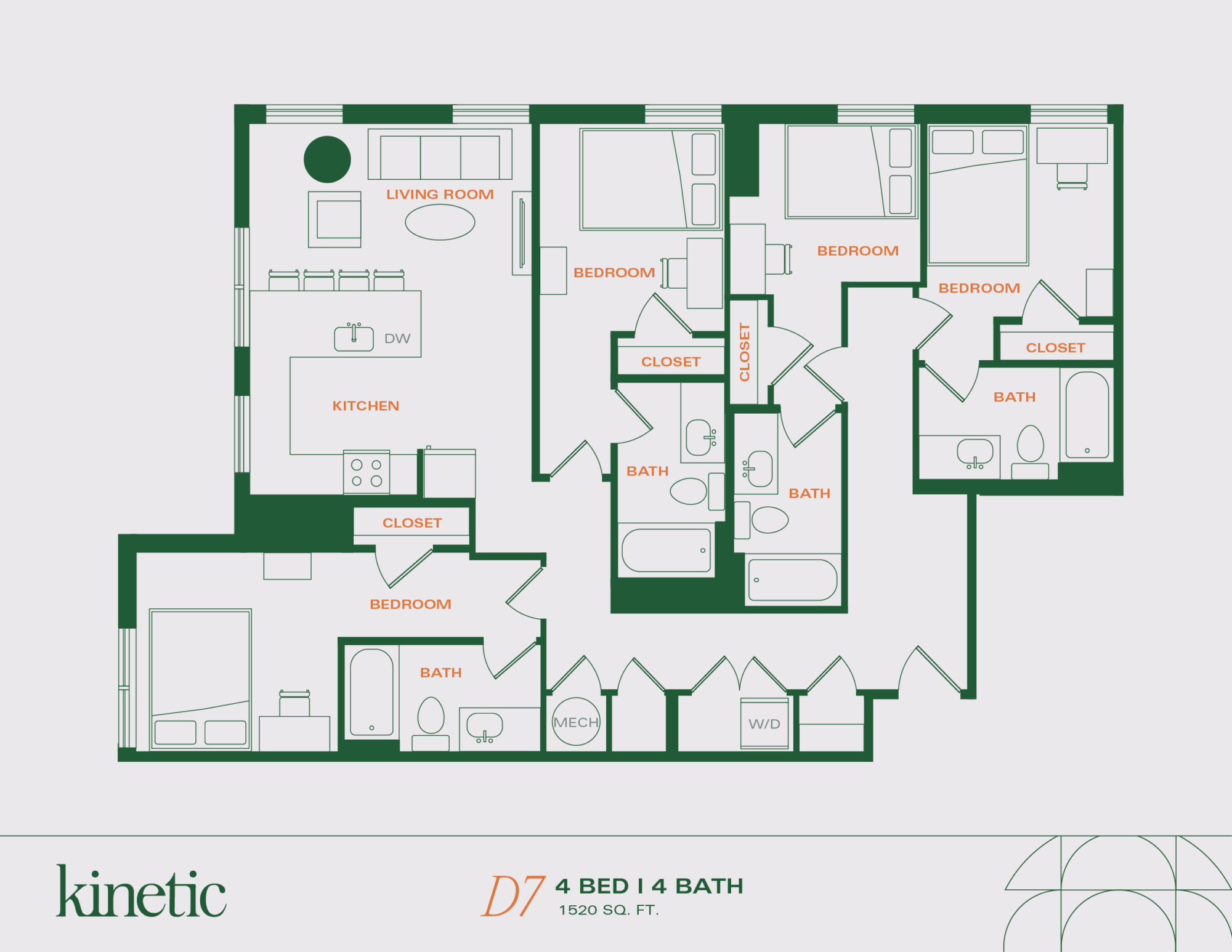 A 3D image of the 4BR/4BA – D7 floorplan, a 1520 squarefoot, 4 bed / 4 bath unit