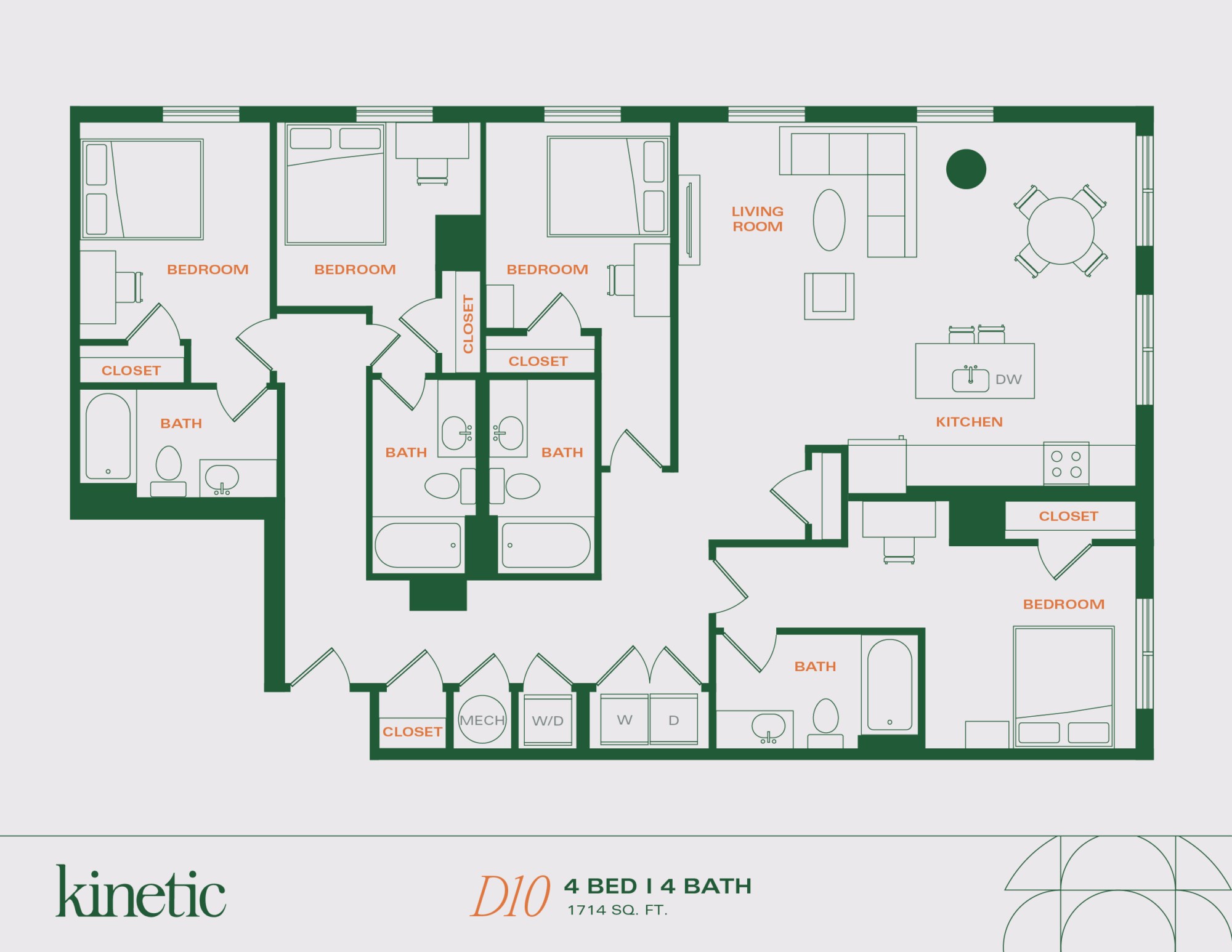 A 3D image of the 4BR/4BA – D10 floorplan, a 1715 squarefoot, 4 bed / 4 bath unit