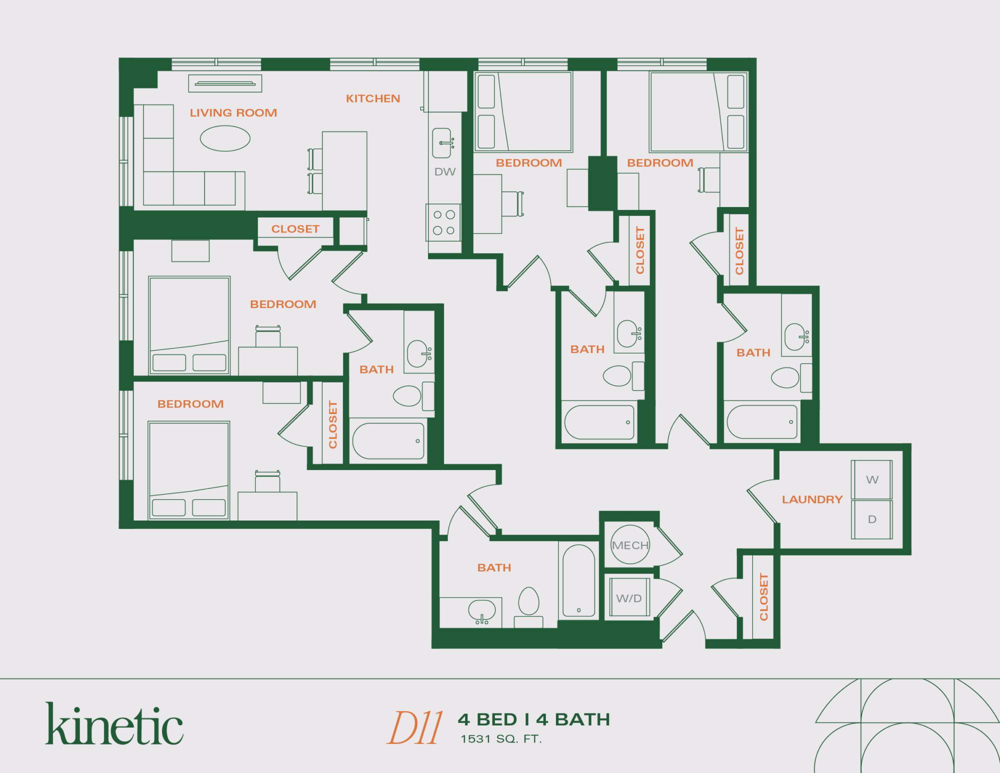 A 3D image of the 4BR/4BA – D11 floorplan, a 1532 squarefoot, 4 bed / 4 bath unit