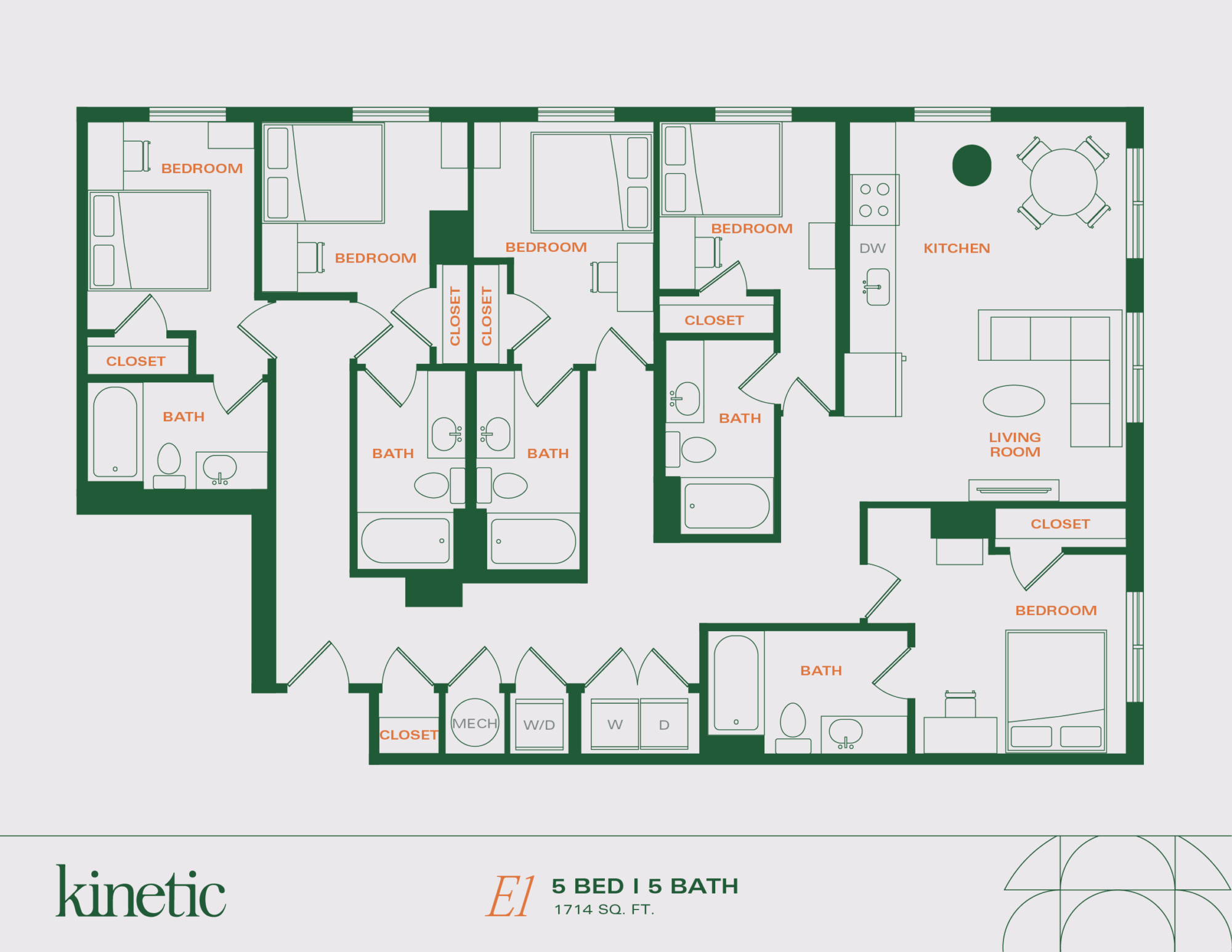 A 3D image of the 5BR/5BA – E1 floorplan, a 1715 squarefoot, 5 bed / 5 bath unit