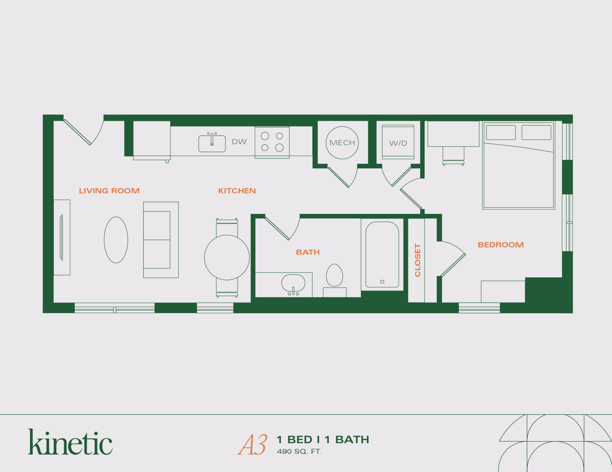 A 3D image of the 1BR/1BA – A3 floorplan, a 490 squarefoot, 1 bed / 1 bath unit