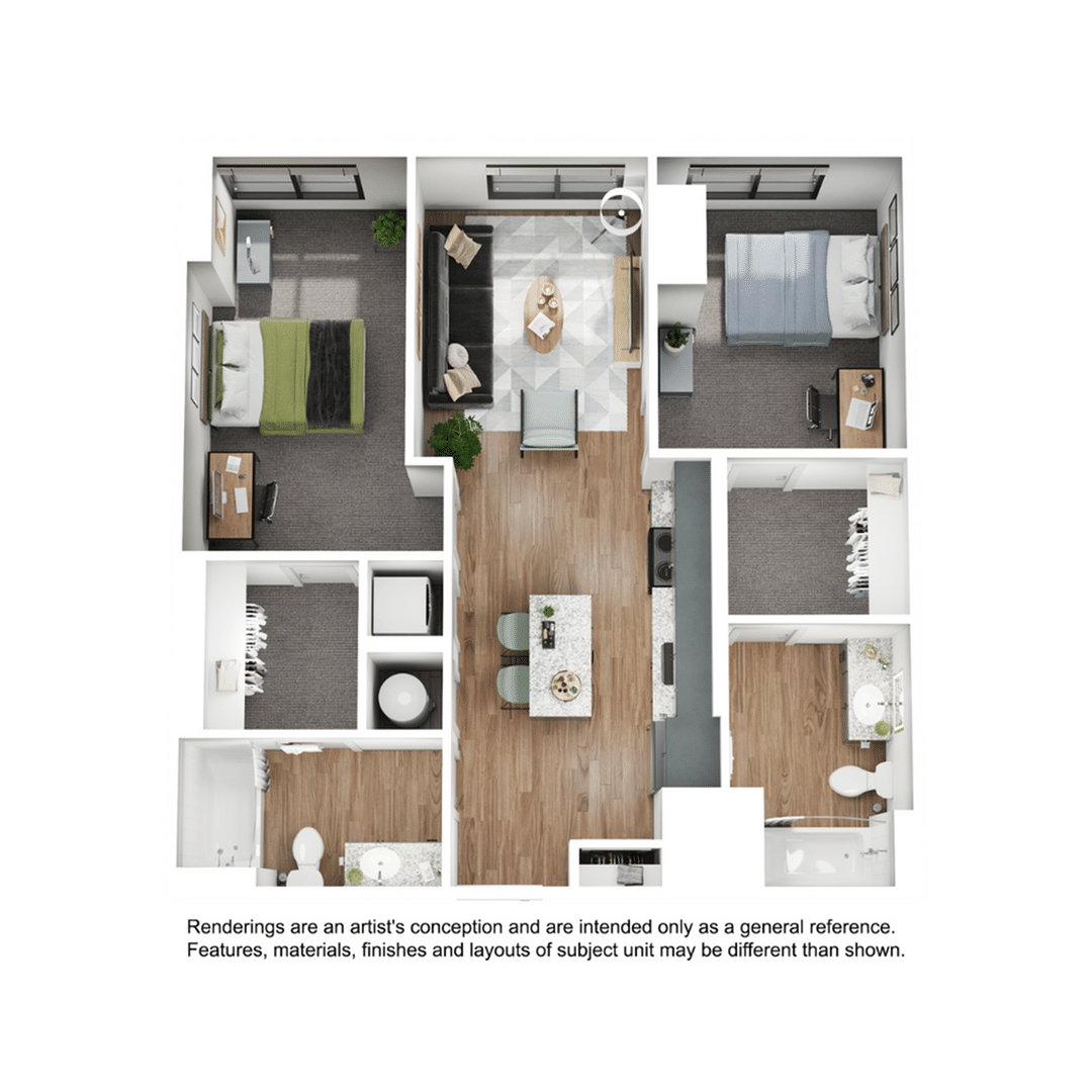 A 3D image of the 2BR/2BA – B1 floorplan, a 964 squarefoot, 2 bed / 2 bath unit