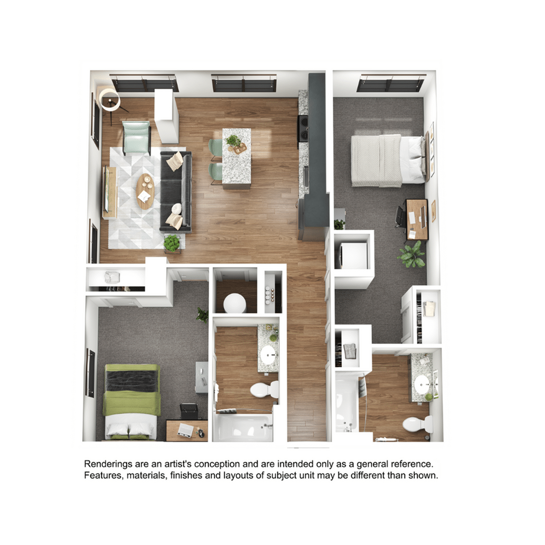 A 3D image of the 2BR/2BA – B6 floorplan, a 986 squarefoot, 2 bed / 2 bath unit