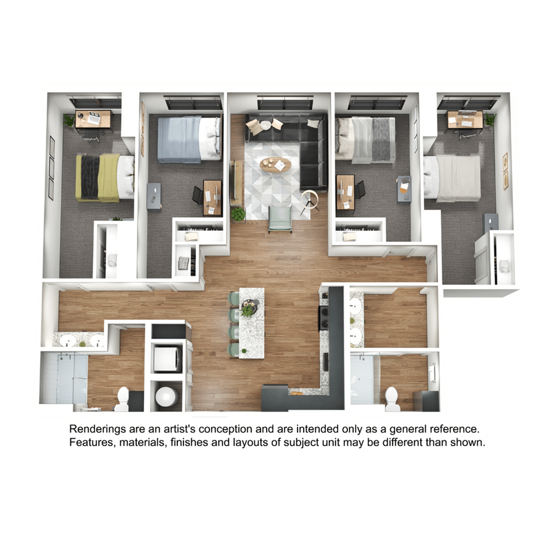 A 3D image of the 4BR/2BA – D1 floorplan, a 1403 squarefoot, 4 bed / 2 bath unit