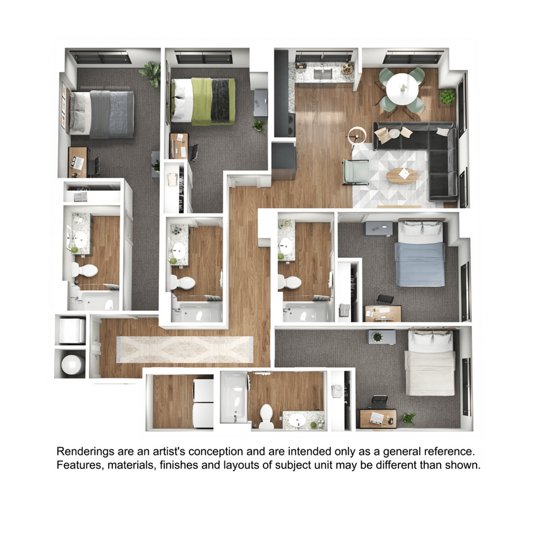 A 3D image of the 4BR/4BA – D2 floorplan, a 1525 squarefoot, 4 bed / 4 bath unit