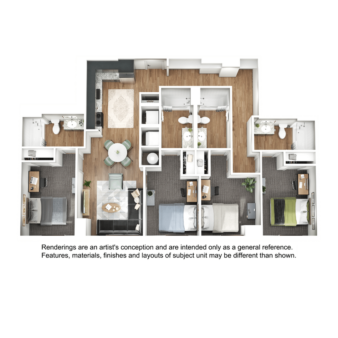 A 3D image of the 4BR/4BA – D3 floorplan, a 1333 squarefoot, 4 bed / 4 bath unit