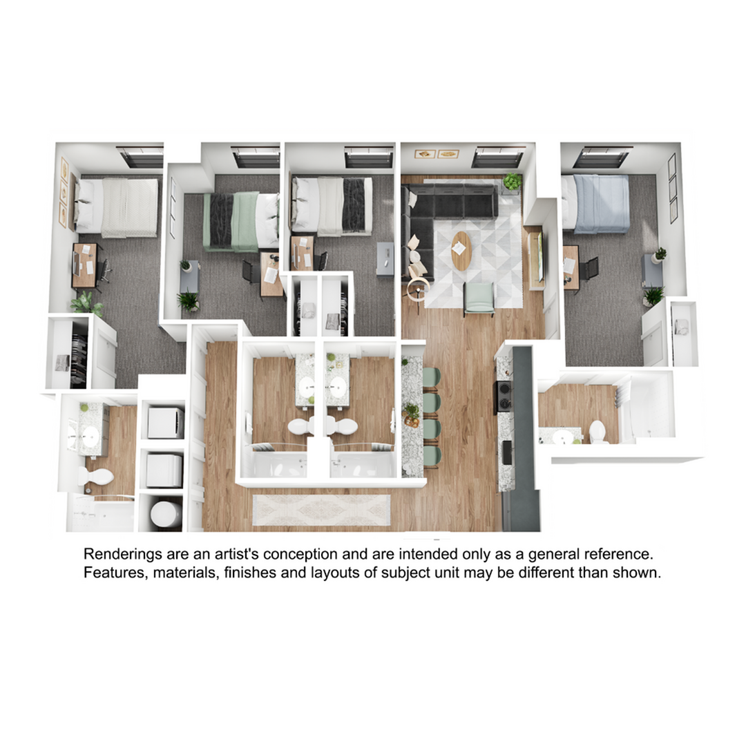 A 3D image of the 4BR/4BA – D6 floorplan, a 1442 squarefoot, 4 bed / 4 bath unit