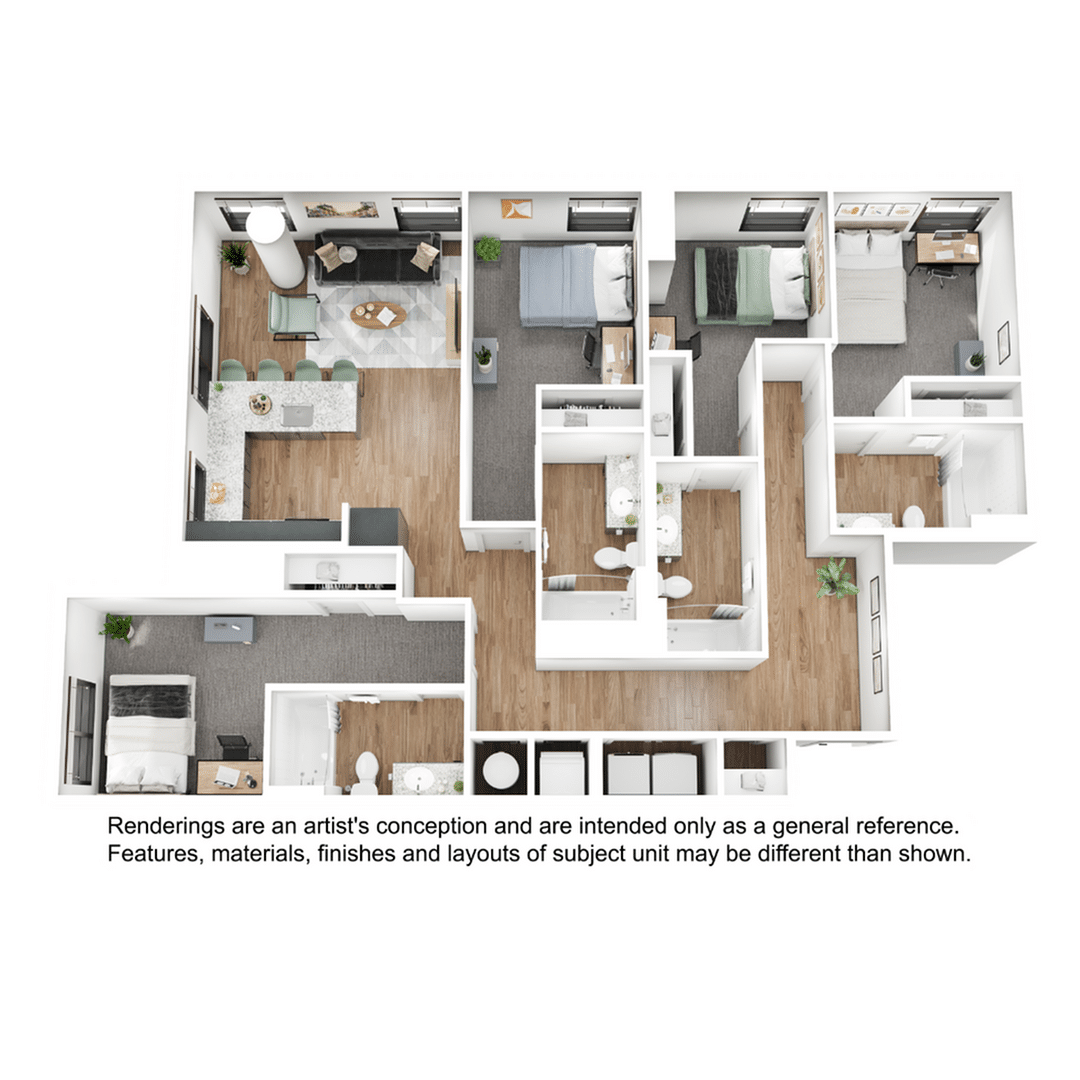 A 3D image of the 4BR/4BA – D7 floorplan, a 1520 squarefoot, 4 bed / 4 bath unit