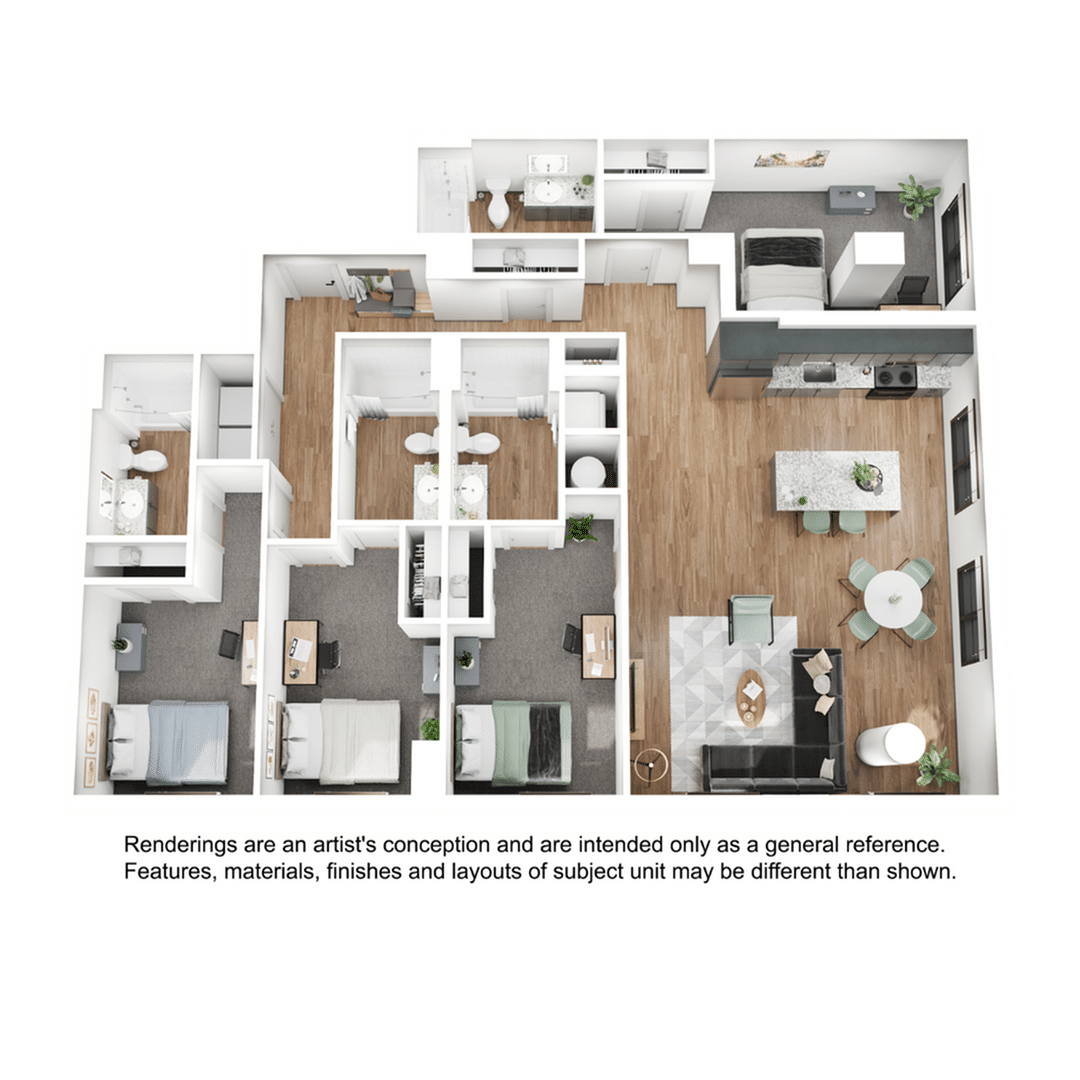 A 3D image of the 4BR/4BA – D9 floorplan, a 1710 squarefoot, 4 bed / 4 bath unit