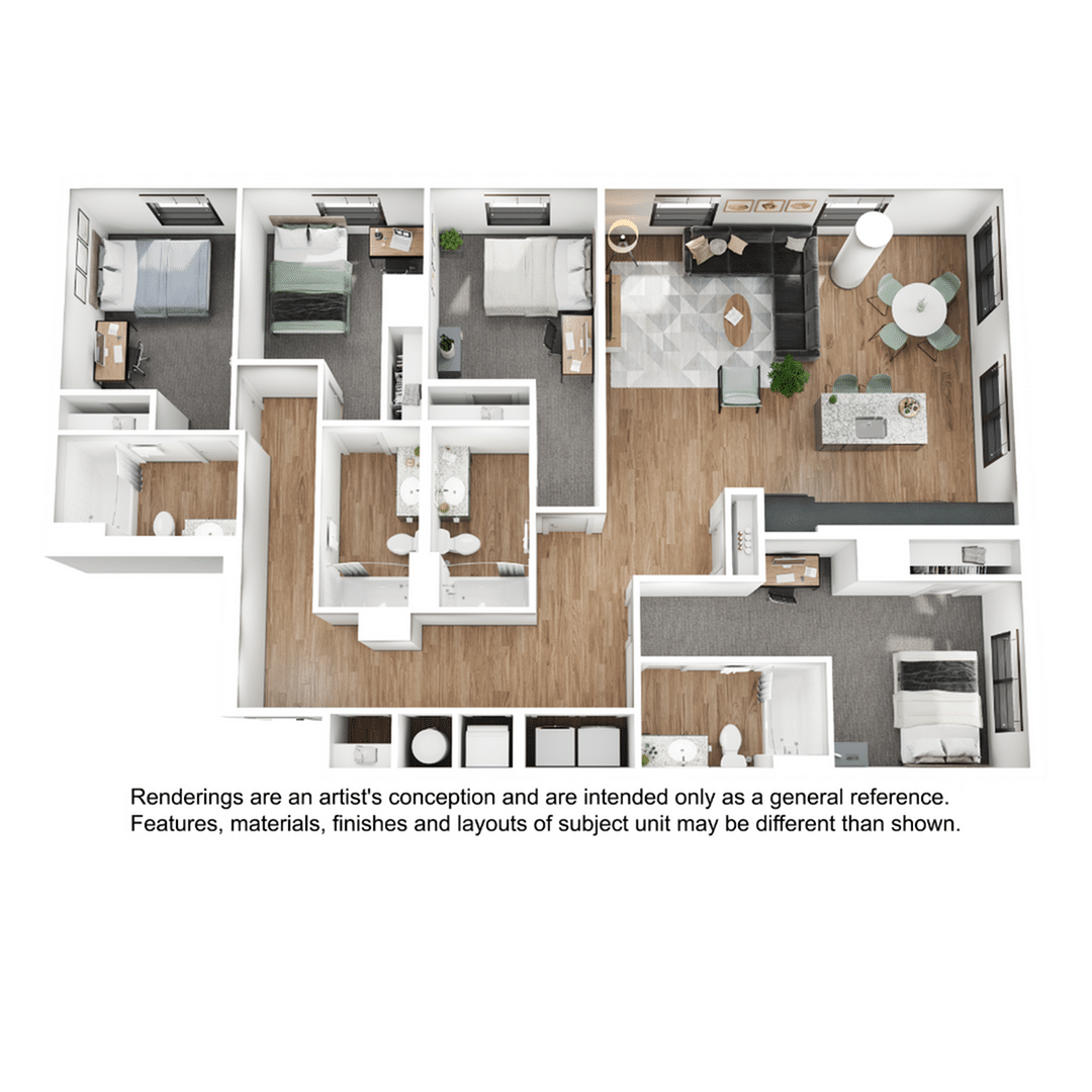A 3D image of the 4BR/4BA – D10 floorplan, a 1715 squarefoot, 4 bed / 4 bath unit