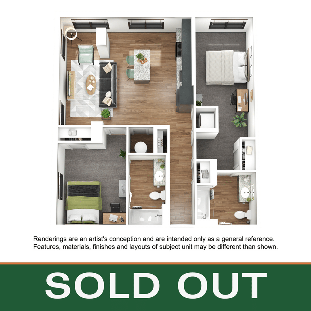 A 3D image of the 2BR/2BA – B6 floorplan, a 986 squarefoot, 2 bed / 2 bath unit
