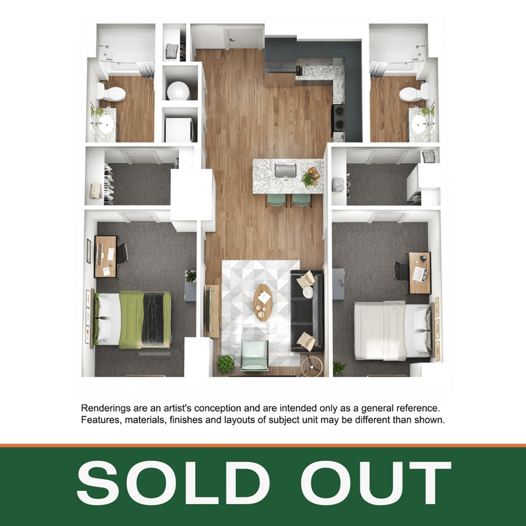 A 3D image of the 2BR/2BA – B4 floorplan, a 929 squarefoot, 2 bed / 2 bath unit