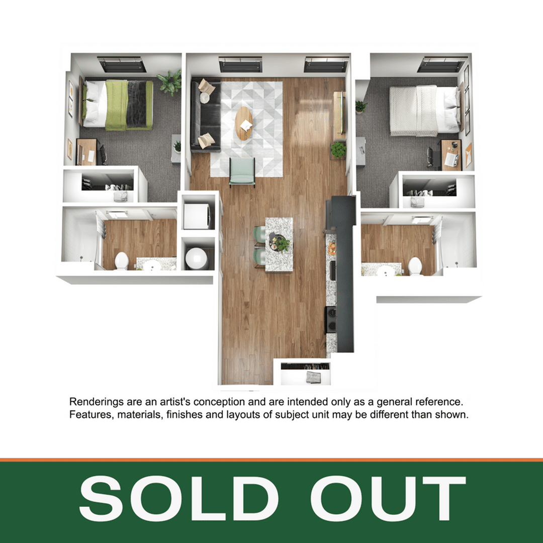 A 3D image of the 2BR/2BA – B5 floorplan, a 900 squarefoot, 2 bed / 2 bath unit