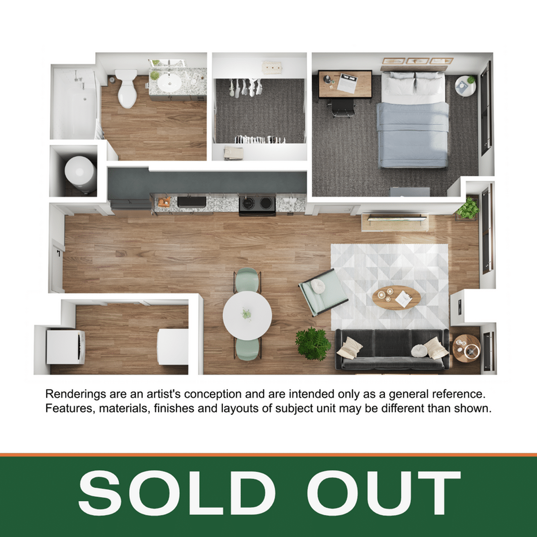 A 3D image of the 1BR/1BA – A2 floorplan, a 644 squarefoot, 1 bed / 1 bath unit