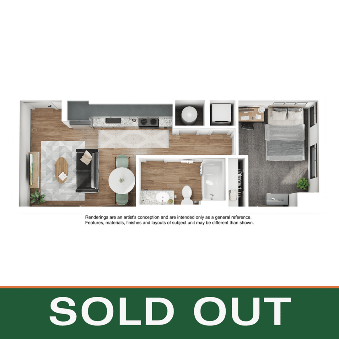 A 3D image of the 1BR/1BA – A3 floorplan, a 490 squarefoot, 1 bed / 1 bath unit