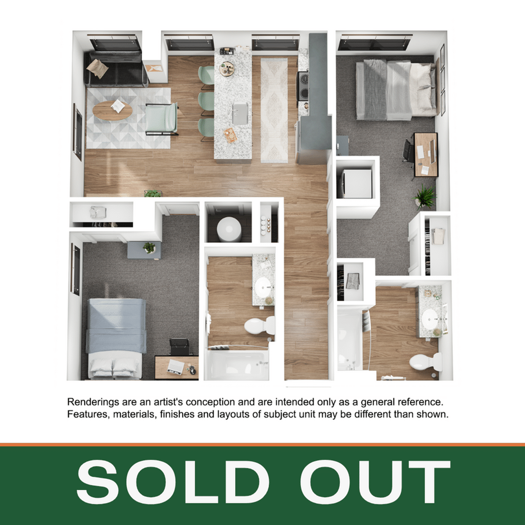 A 3D image of the 2BR/2BA – B3 floorplan, a 864 squarefoot, 2 bed / 2 bath unit